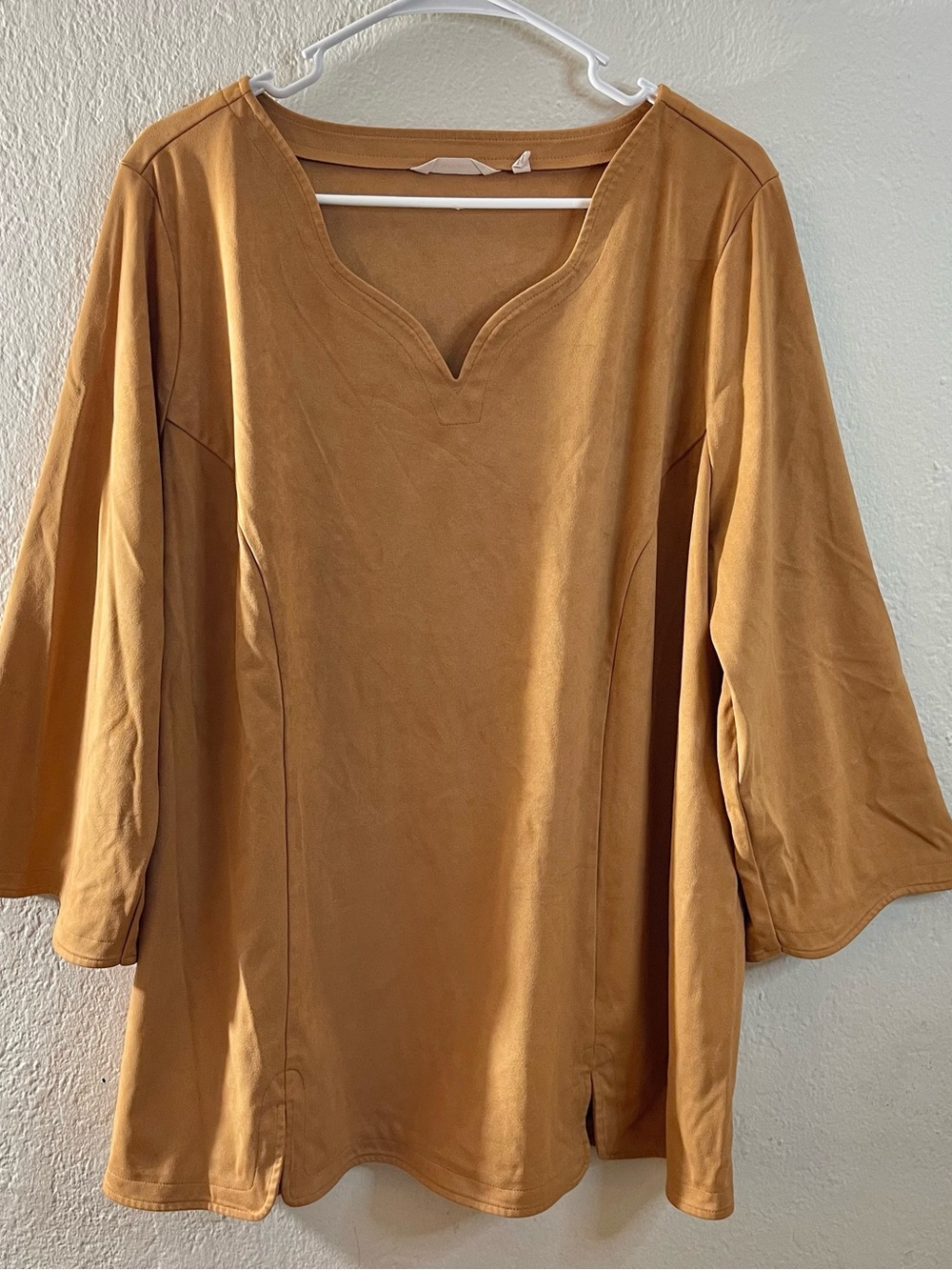 Soft Surroundings Womens 2X Tunic Top Camel Tan Faux Suede 3/4 Boho Bell Sleeve